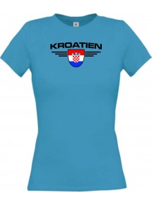 Lady T-Shirt Kroatien, Wappen mit Wunschnamen und Wunschnummer Land, Länder, türkis, L