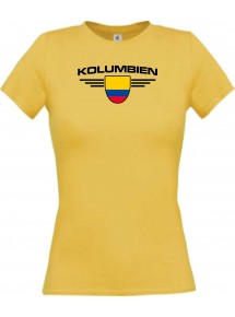 Lady T-Shirt Kolumbien, Wappen mit Wunschnamen und Wunschnummer Land, Länder, gelb, L