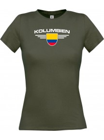 Lady T-Shirt Kolumbien, Wappen mit Wunschnamen und Wunschnummer Land, Länder, grau, L