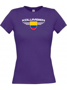 Lady T-Shirt Kolumbien, Wappen mit Wunschnamen und Wunschnummer Land, Länder, lila, L