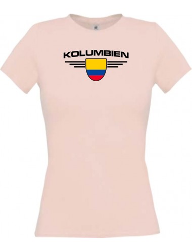 Lady T-Shirt Kolumbien, Wappen mit Wunschnamen und Wunschnummer Land, Länder, rosa, L