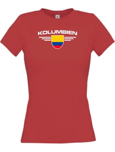 Lady T-Shirt Kolumbien, Wappen mit Wunschnamen und Wunschnummer Land, Länder, rot, L