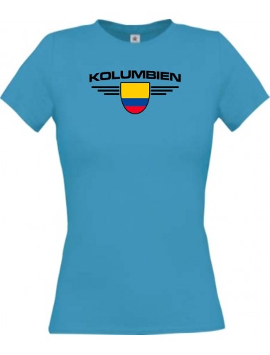 Lady T-Shirt Kolumbien, Wappen mit Wunschnamen und Wunschnummer Land, Länder, türkis, L