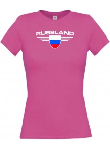 Lady T-Shirt Russland, Wappen mit Wunschnamen und Wunschnummer Land, Länder, pink, L