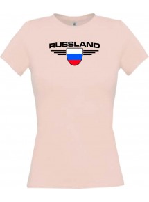 Lady T-Shirt Russland, Wappen mit Wunschnamen und Wunschnummer Land, Länder, rosa, L