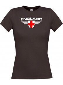 Lady T-Shirt England, Wappen mit Wunschnamen und Wunschnummer Land, Länder, braun, L