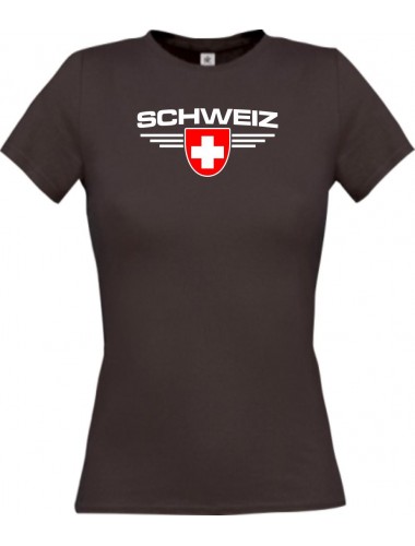 Lady T-Shirt Schweiz, Wappen mit Wunschnamen und Wunschnummer Land, Länder, braun, L