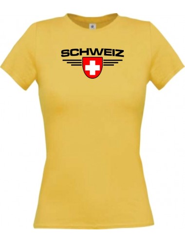 Lady T-Shirt Schweiz, Wappen mit Wunschnamen und Wunschnummer Land, Länder, gelb, L