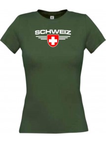 Lady T-Shirt Schweiz, Wappen mit Wunschnamen und Wunschnummer Land, Länder, gruen, L