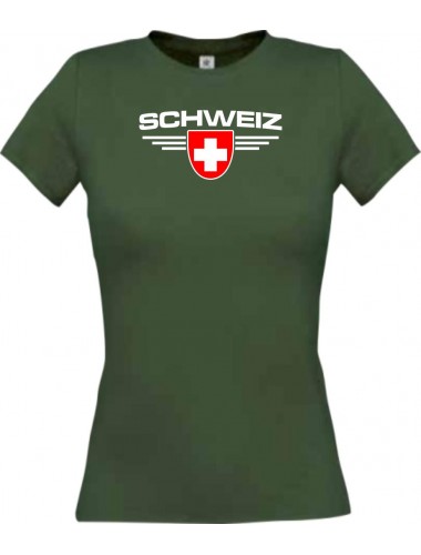 Lady T-Shirt Schweiz, Wappen mit Wunschnamen und Wunschnummer Land, Länder, gruen, L