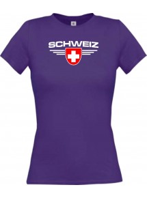 Lady T-Shirt Schweiz, Wappen mit Wunschnamen und Wunschnummer Land, Länder, lila, L