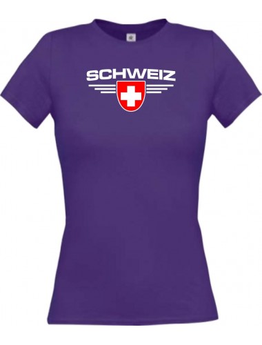 Lady T-Shirt Schweiz, Wappen mit Wunschnamen und Wunschnummer Land, Länder, lila, L