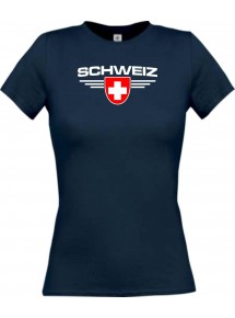Lady T-Shirt Schweiz, Wappen mit Wunschnamen und Wunschnummer Land, Länder, navy, L