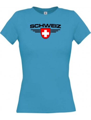 Lady T-Shirt Schweiz, Wappen mit Wunschnamen und Wunschnummer Land, Länder, türkis, L