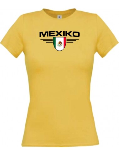 Lady T-Shirt Mexiko, Wappen mit Wunschnamen und Wunschnummer Land, Länder, gelb, L