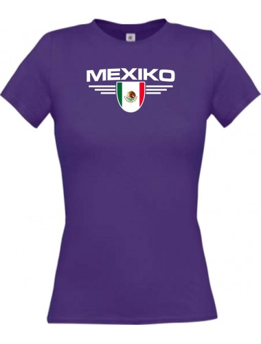 Lady T-Shirt Mexiko, Wappen mit Wunschnamen und Wunschnummer Land, Länder, lila, L