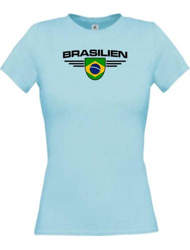 Lady T-Shirt Brasilien, Wappen mit Wunschnamen und Wunschnummer Land, Länder, hellblau, L