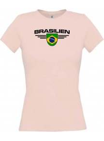 Lady T-Shirt Brasilien, Wappen mit Wunschnamen und Wunschnummer Land, Länder, rosa, L