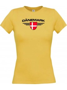 Lady T-Shirt Dänemark, Wappen mit Wunschnamen und Wunschnummer Land, Länder, gelb, L