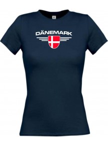 Lady T-Shirt Dänemark, Wappen mit Wunschnamen und Wunschnummer Land, Länder, navy, L