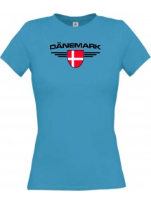 Lady T-Shirt Dänemark, Wappen mit Wunschnamen und Wunschnummer Land, Länder, türkis, L