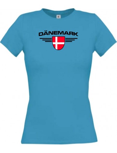 Lady T-Shirt Dänemark, Wappen mit Wunschnamen und Wunschnummer Land, Länder, türkis, L