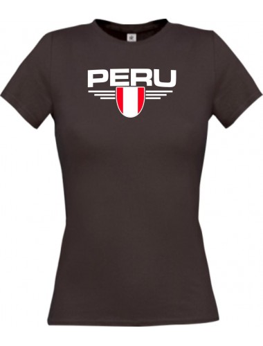 Lady T-Shirt Peru, Wappen mit Wunschnamen und Wunschnummer Land, Länder, braun, L