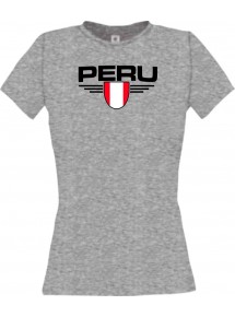 Lady T-Shirt Peru, Wappen mit Wunschnamen und Wunschnummer Land, Länder, sportsgrey, L