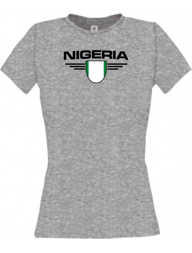 Lady T-Shirt Nigeria, Wappen mit Wunschnamen und Wunschnummer Land, Länder, sportsgrey, L