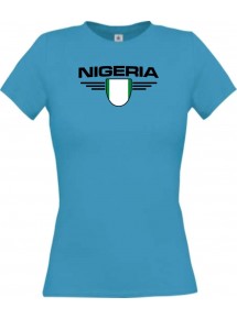 Lady T-Shirt Nigeria, Wappen mit Wunschnamen und Wunschnummer Land, Länder, türkis, L