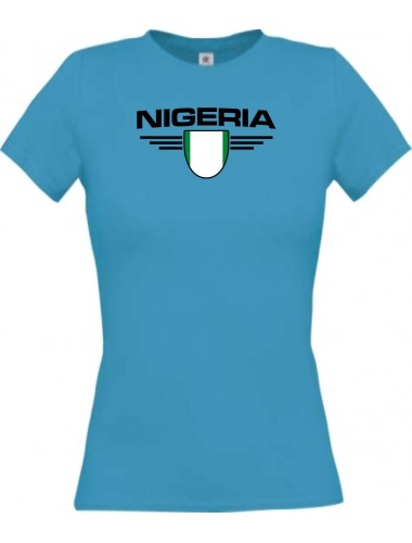 Lady T-Shirt Nigeria, Wappen mit Wunschnamen und Wunschnummer Land, Länder, türkis, L