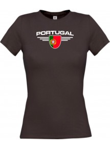 Lady T-Shirt Portugal, Wappen mit Wunschnamen und Wunschnummer Land, Länder, braun, L