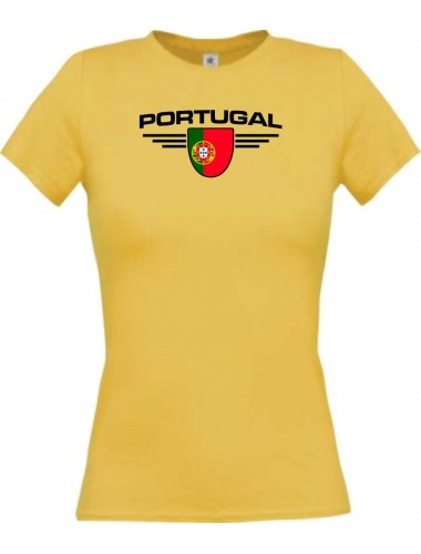 Lady T-Shirt Portugal, Wappen mit Wunschnamen und Wunschnummer Land, Länder, gelb, L