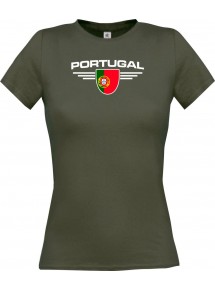 Lady T-Shirt Portugal, Wappen mit Wunschnamen und Wunschnummer Land, Länder, grau, L