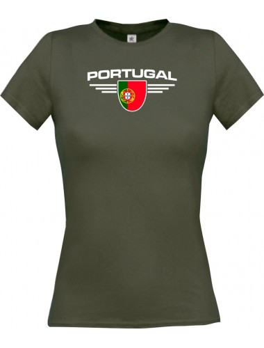 Lady T-Shirt Portugal, Wappen mit Wunschnamen und Wunschnummer Land, Länder, grau, L