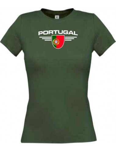 Lady T-Shirt Portugal, Wappen mit Wunschnamen und Wunschnummer Land, Länder, gruen, L