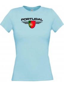 Lady T-Shirt Portugal, Wappen mit Wunschnamen und Wunschnummer Land, Länder, hellblau, L