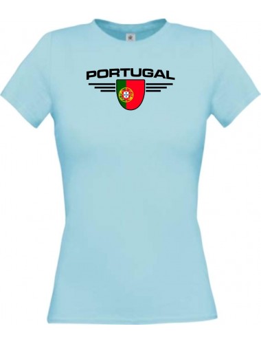 Lady T-Shirt Portugal, Wappen mit Wunschnamen und Wunschnummer Land, Länder, hellblau, L