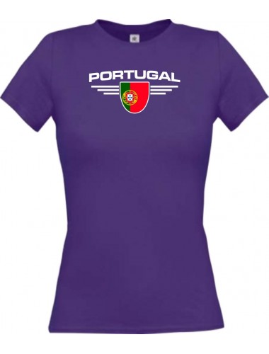 Lady T-Shirt Portugal, Wappen mit Wunschnamen und Wunschnummer Land, Länder, lila, L