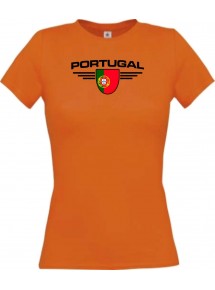 Lady T-Shirt Portugal, Wappen mit Wunschnamen und Wunschnummer Land, Länder, orange, L