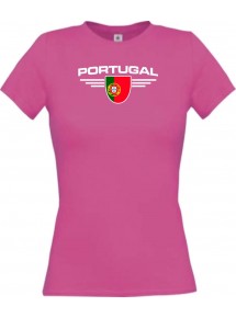 Lady T-Shirt Portugal, Wappen mit Wunschnamen und Wunschnummer Land, Länder, pink, L
