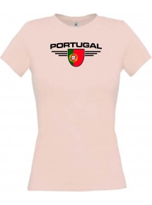 Lady T-Shirt Portugal, Wappen mit Wunschnamen und Wunschnummer Land, Länder, rosa, L