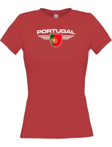 Lady T-Shirt Portugal, Wappen mit Wunschnamen und Wunschnummer Land, Länder, rot, L