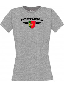 Lady T-Shirt Portugal, Wappen mit Wunschnamen und Wunschnummer Land, Länder, sportsgrey, L