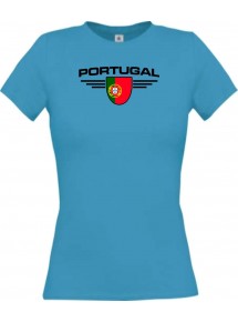Lady T-Shirt Portugal, Wappen mit Wunschnamen und Wunschnummer Land, Länder, türkis, L