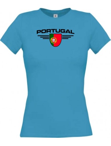 Lady T-Shirt Portugal, Wappen mit Wunschnamen und Wunschnummer Land, Länder, türkis, L