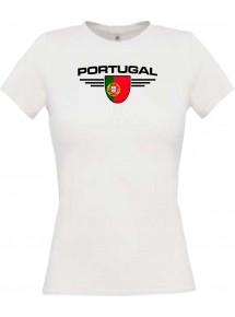 Lady T-Shirt Portugal, Wappen mit Wunschnamen und Wunschnummer Land, Länder, weiss, L
