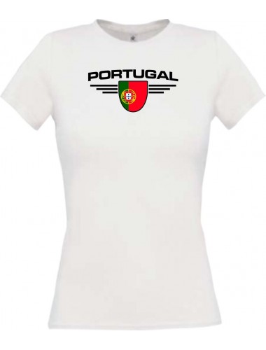 Lady T-Shirt Portugal, Wappen mit Wunschnamen und Wunschnummer Land, Länder, weiss, L