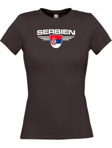 Lady T-Shirt Serbien, Wappen mit Wunschnamen und Wunschnummer Land, Länder, braun, L