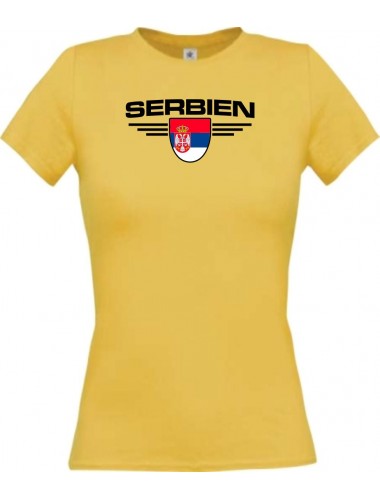 Lady T-Shirt Serbien, Wappen mit Wunschnamen und Wunschnummer Land, Länder, gelb, L